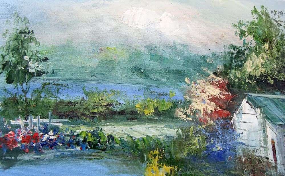 A BEAUTIFUL UNFRAMED SIGNED GENUINE OIL ON CANVAS PAINTING OF A COTTAGE NEAR A COLOURFUL POND