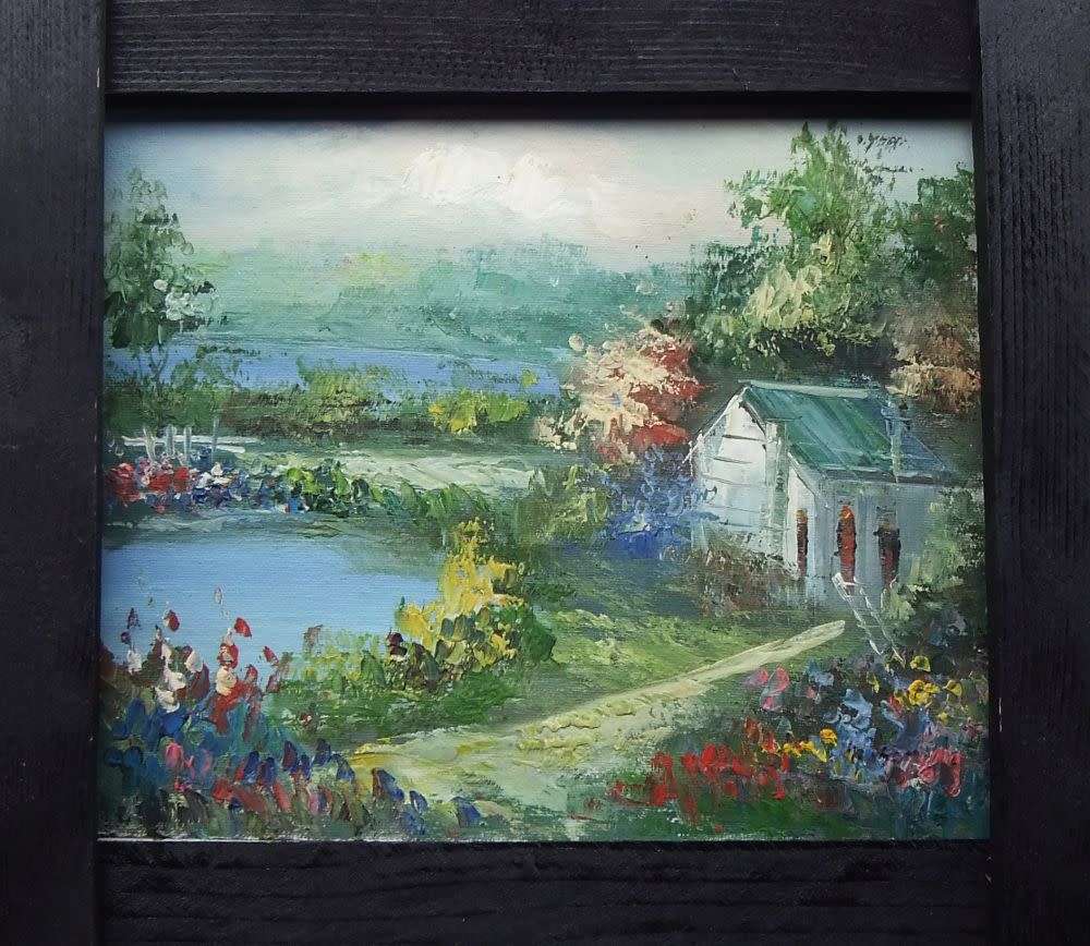 A BEAUTIFUL UNFRAMED SIGNED GENUINE OIL ON CANVAS PAINTING OF A COTTAGE NEAR A COLOURFUL POND