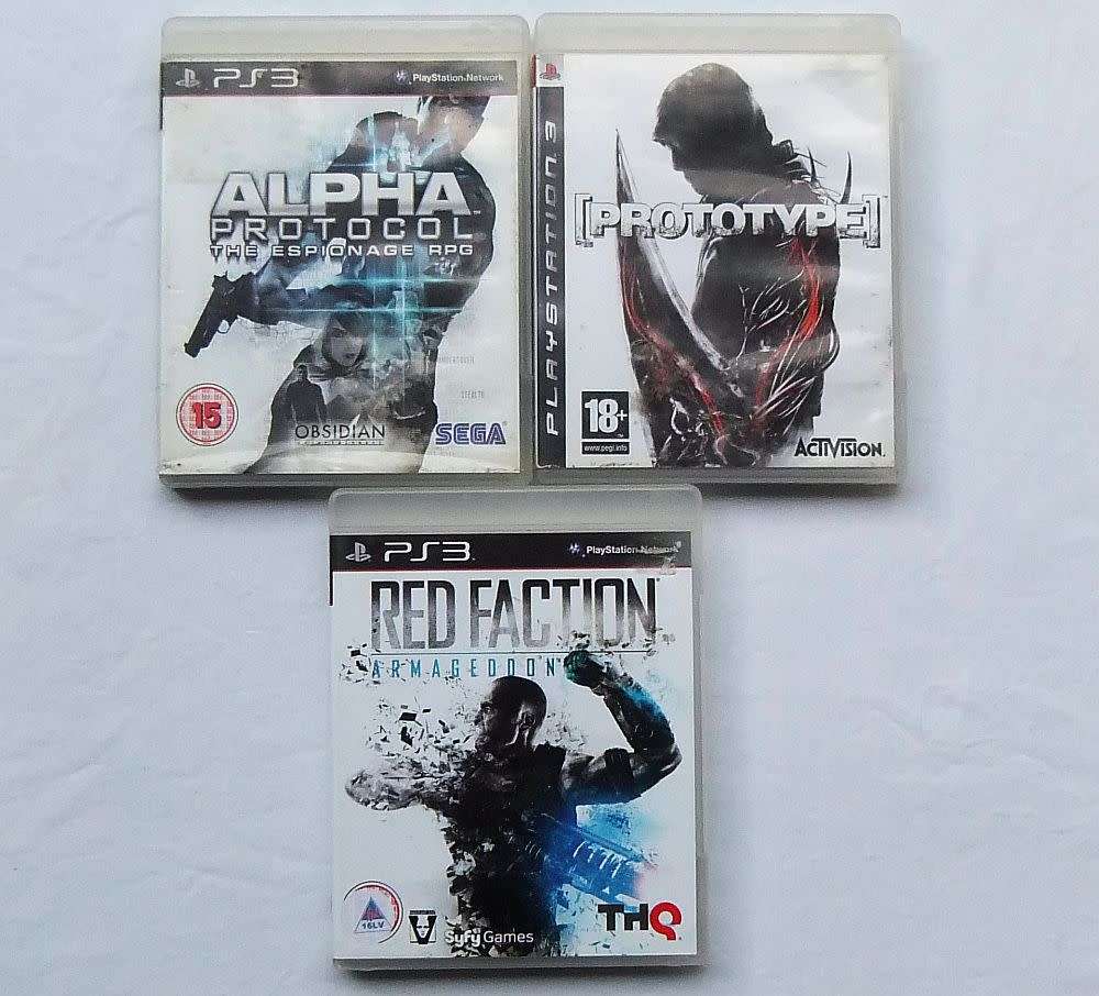 3 X PLAYSTATION 3 GAMES - ALPHA PROTOCOL , PROTOTYPE AND RED FACTION ARMAGEDDON !! COOL !!