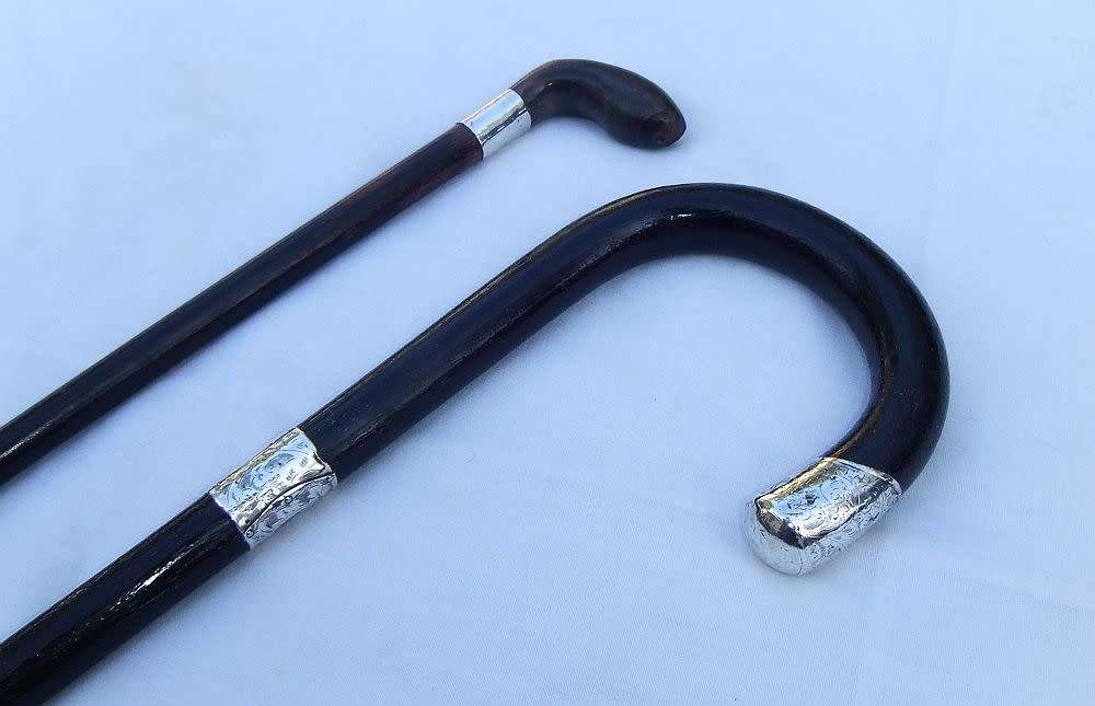 SUPER RARE !! TWO ANTIQUE WALKING STICKS !! ONE WITH HALLMARKED STERLING SILVER DATED 1911
