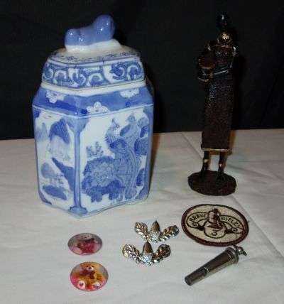 ASSORTED COLLECTABLES - POSTAGE R40 - GINGER JAR , AFRICAN LADY , BADGES , WHISTLE , PATCH