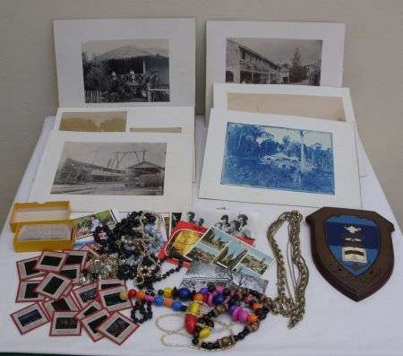 METAL ON WOOD PLAQUE/ PHOTOS/ SLIDES/ BITS AND BOBS OF JEWELLERY PARTS AND POSTCARDS - POSTAGE R40