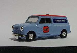 A die cast full metal body model of a Vanguards mini van advertising Corgi models - by Lledo