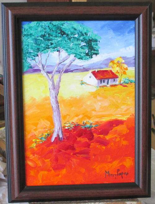 Cottage with big tree - Framed Oil by SA artist, Mary Papas - 260mm x 350mm