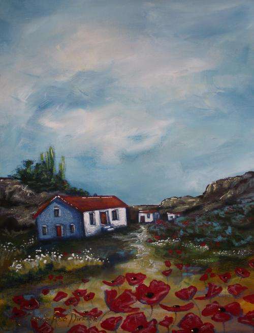 Poppy cottage - Acrylic Landscape Painting by SA artist, Cherie Roe Dirksen - 305 x 405