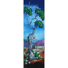 Overberg - Windpomp agter die Boom - Acrylic by SA artist, Stella Pelser - 475mm x 150mm x 6mm