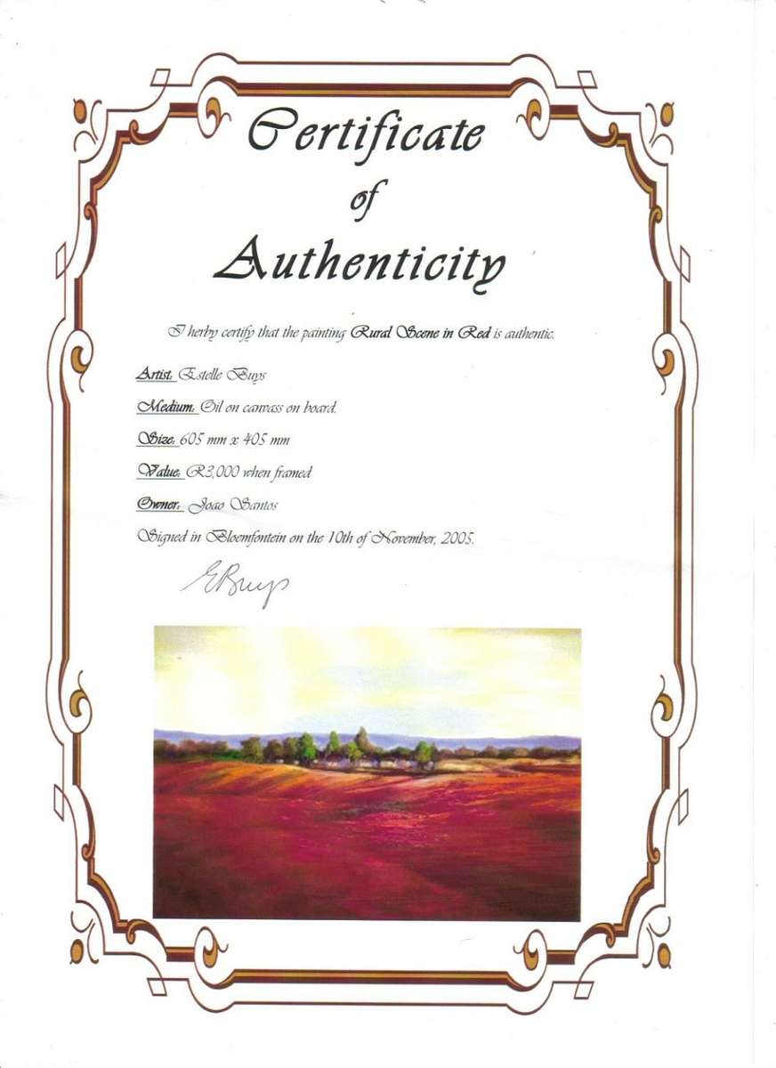 Original Estelle Buys "Rural Scene in Red" oil on board + certificate