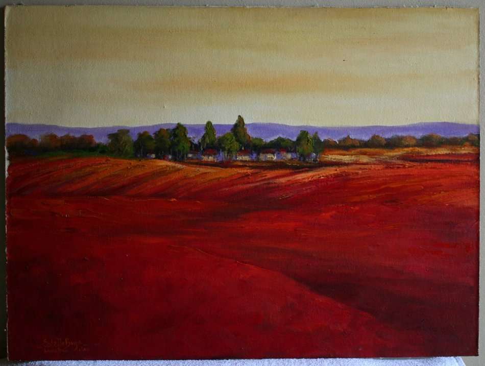 Original Estelle Buys "Rural Scene in Red" oil on board + certificate