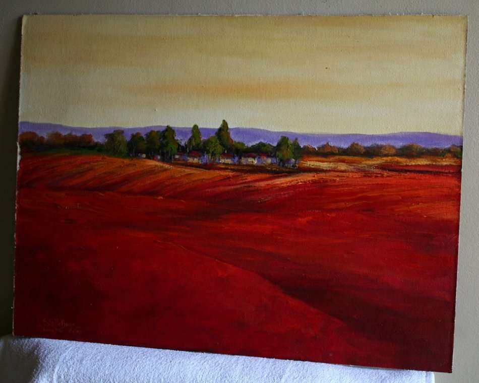 Original Estelle Buys "Rural Scene in Red" oil on board + certificate
