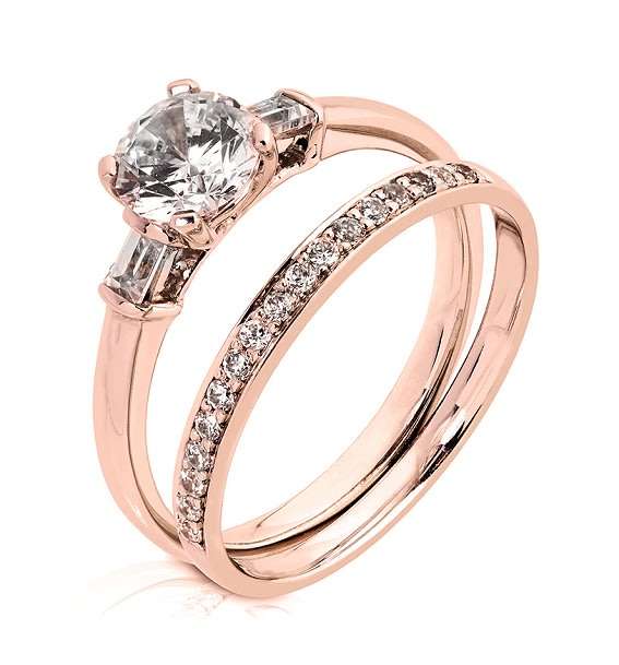 9k / 9ct rose gold Trilogy Engagement or Dress Ring: simulated diamonds =GLAMOROUS
