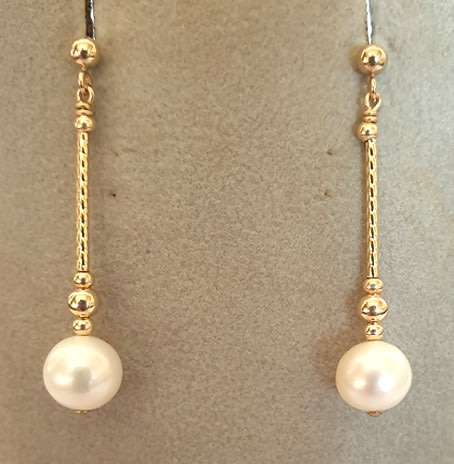 14k / 14ct gold & 7mm cultured pearl DROP EARRINGS. Ready for you. Last pair!