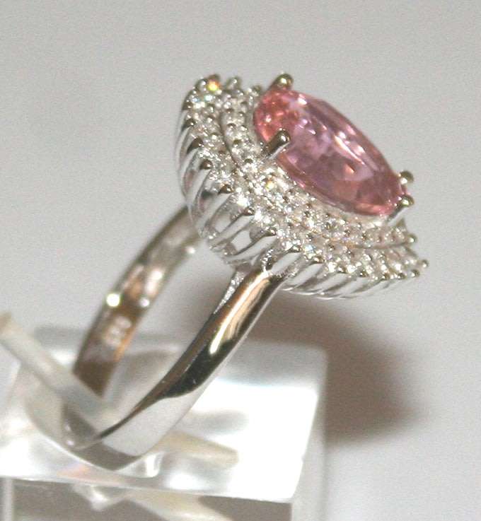 RING: pear CZ Morganite & CZ double halo, 19mm long, sterling silver GLAMOROUS
