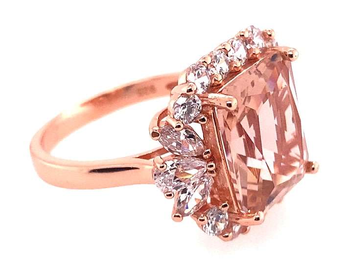 RING: square CZ Morganite & CZ halo, 18mm wide, sterling silver, rose gold plated GLAMOROUS