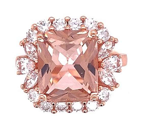 RING: square CZ Morganite & CZ halo, 18mm wide, sterling silver, rose gold plated GLAMOROUS