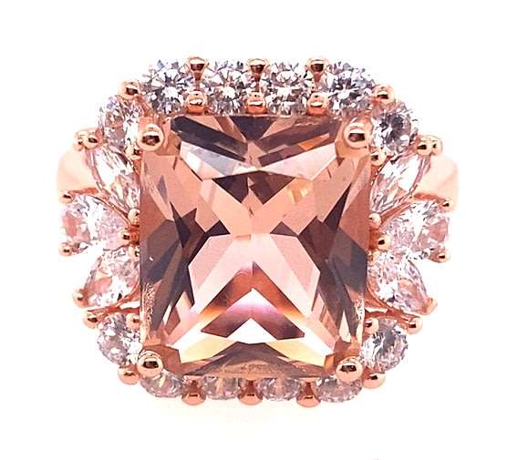 RING: square CZ Morganite & CZ halo, 18mm wide, sterling silver, rose gold plated GLAMOROUS