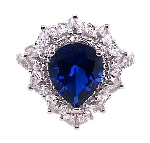 Pear Cluster RING: cushion simulated Blue Sapphire & CZ double halo, sterling silver =GLAMOROUS