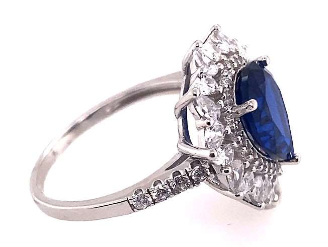 Pear Cluster RING: cushion simulated Blue Sapphire & CZ double halo, sterling silver =GLAMOROUS