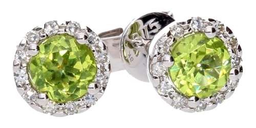 9k / 9ct white gold round cluster EARRINGS: olive Peridot & diamonds. Last pair!