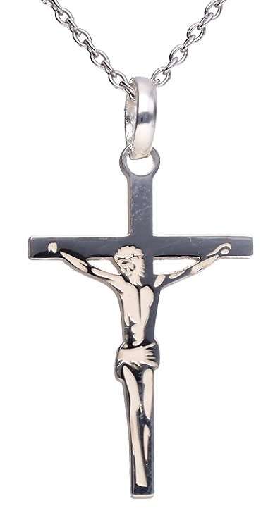9k / 9ct white gold CRUCIFIX: flat, etched, 15.5x24.7mm