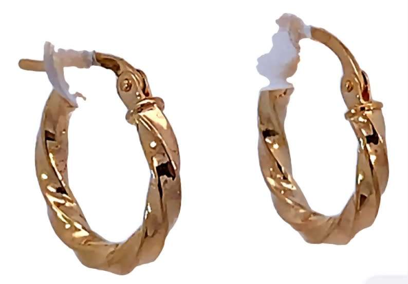 9k / 9ct gold twisted tube hinged hoop EARRINGS: 15x2mm