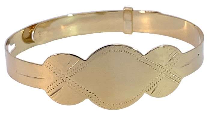 9k / 9ct gold baby / child keyhole BANGLE: scalloped, engraved, adjustable