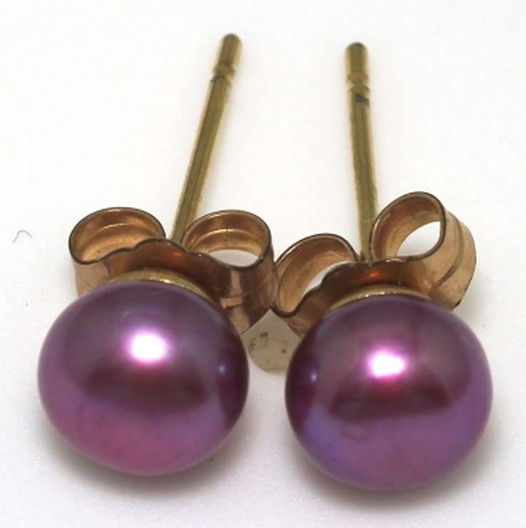 8k / 8ct gold & pearl stud EARRINGS: burgundy, 6-7mm