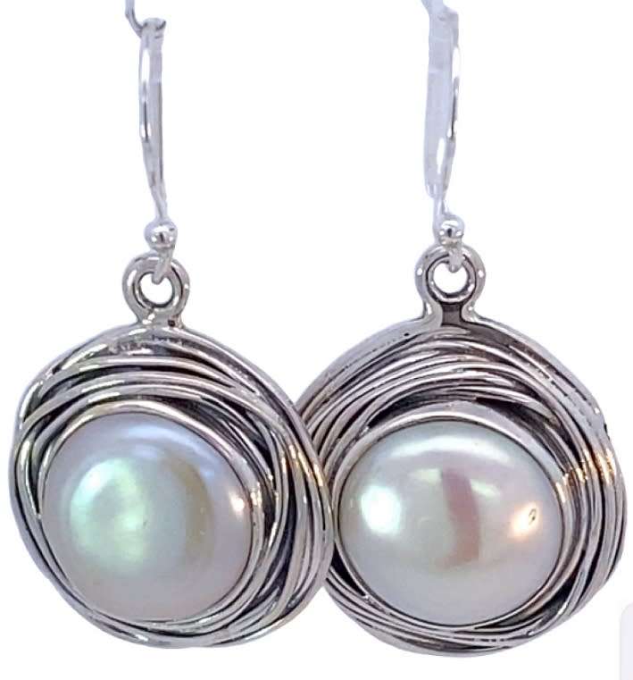 Drop Earrings: mabe pearls, sterling silver, 36x20mm