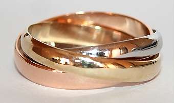 9k / 9ct gold 3 colour Russian wedding bands, 8mm max width, size O, O-, P, P- or Q