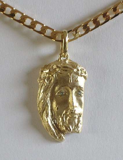 Medium 9k / 9ct gold Face of Christ PENDANT: blue topaz eyes