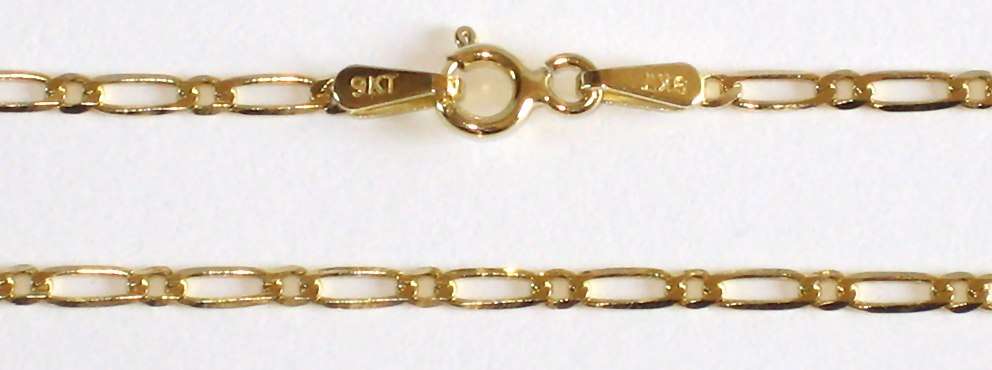 9ct gold BRACELET: 1+1 Figaro, 2mm wide, 19cm