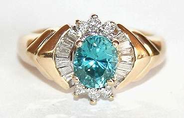 9k / 9ct gold RING: blue zircon, diamonds  a STUNNER! Ready for you. Last one!