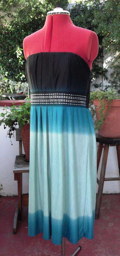 Boob-tube style cocktail dress, black bodice and blue skirt, silver and black sequins detail, size X