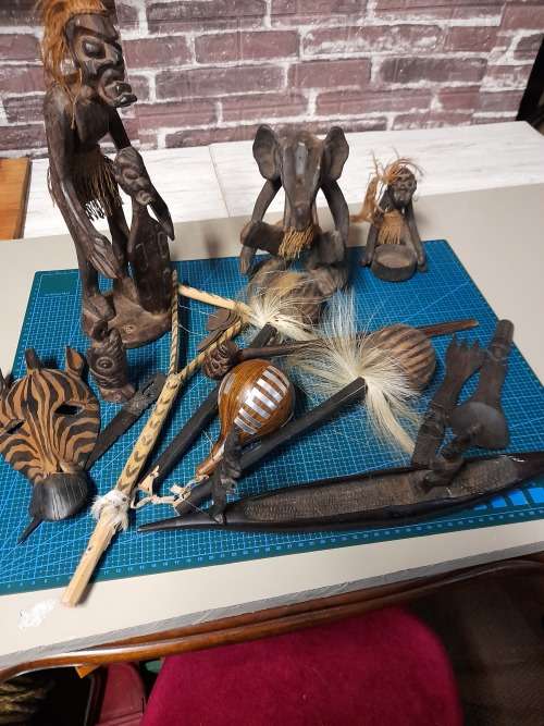 Job Lot of African Art Carvings and Musical Instruments