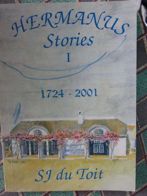 Hermanus Stories 1 - SJ du Toit -inskripsie voor in boek deur SJ du Toit-kleurpotlood strepe op voor