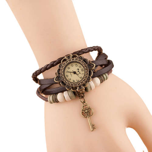Retro Vintage Quartz Weave Around Leather Key Bracelet Watch (BLACK)