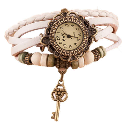 Retro Vintage Quartz Weave Around Leather Key Bracelet Watch (White, Black)