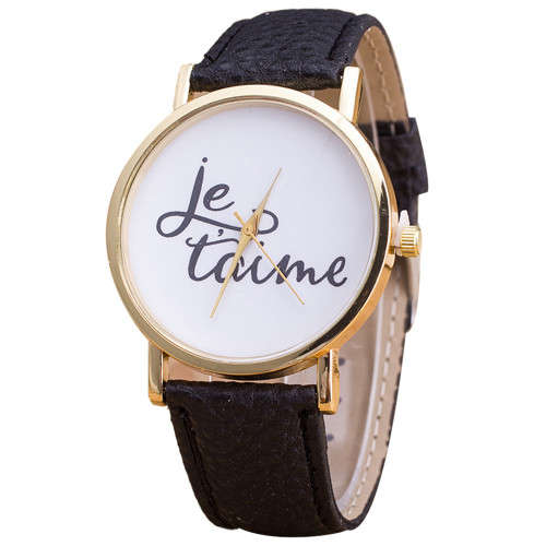 Je Taime (I Love You) Print PU Leather Band Analog Quartz Wrist Watches (Black)