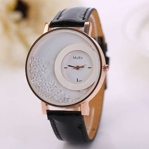 Woman PU Leather Quicksand Rhinestone Quartz Bracelet Wristwatch (2 Colours to choose from)