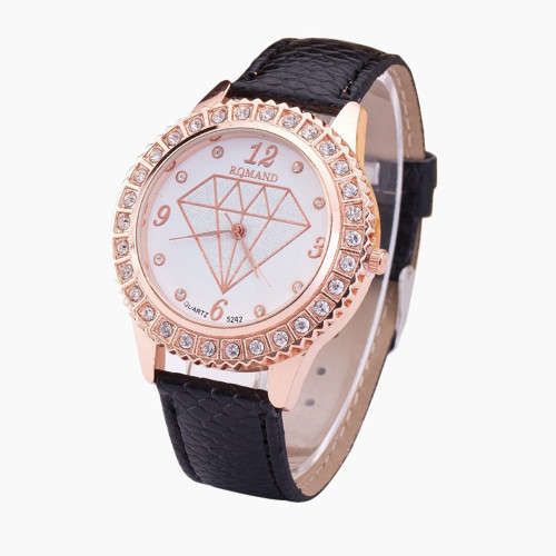 Luxury Fashion Women Diamond Analog PU Leather Quartz Wrist Watch (Black)
