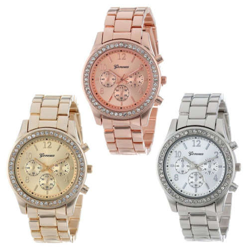 Faux Chronograph Quartz Plated Classic Round Ladies Women Crystals Watch (Gold, Rose Gold, Silver)