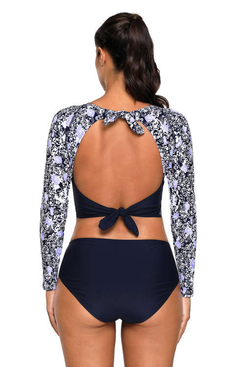 Navy Blue Surf Rashguard Protection Swimming Raglan Sleeve Swimsuit - Size : Medium