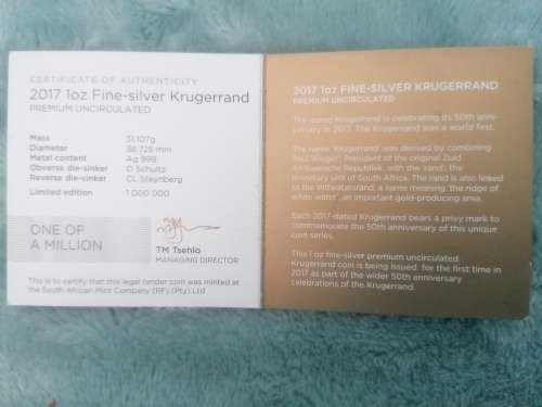 2017 Krugerrand 1oz Silver Coin Premium Uncirculated with C.O.A.