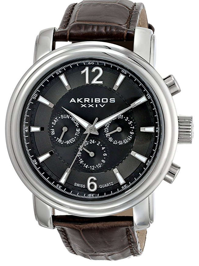 Akribos XXIV Men's  Swiss Quartz Movement Watch with Dark Gray Dial and Brown Genuine Leath