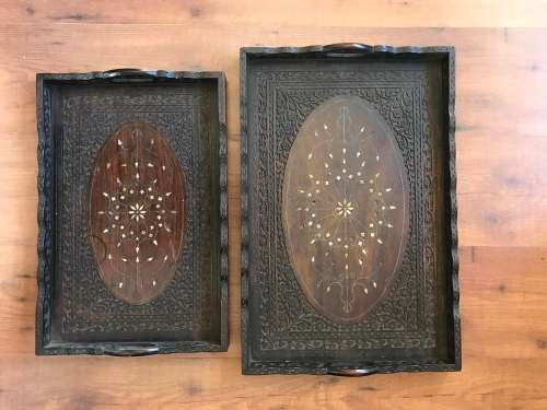 Set Of Vintage Hand Carved Serving Trays