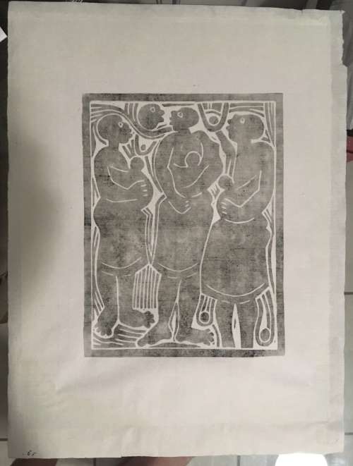 Ezekiel Madiba (South Africa, 1948 -)Friends Linocut