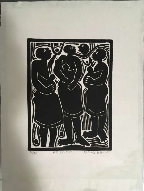 Ezekiel Madiba (South Africa, 1948 -)Friends Linocut