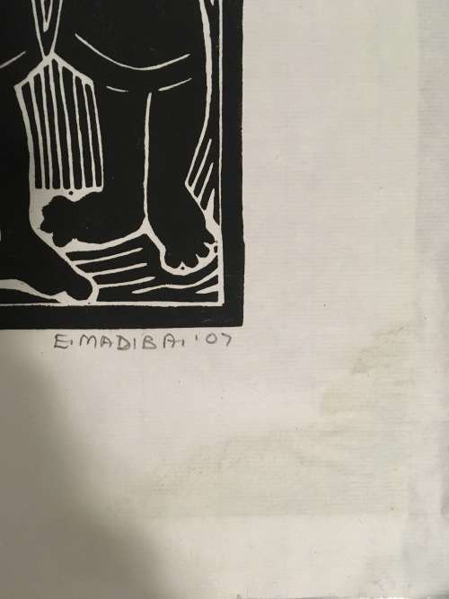 Ezekiel Madiba (South Africa, 1948 -)Friends Linocut