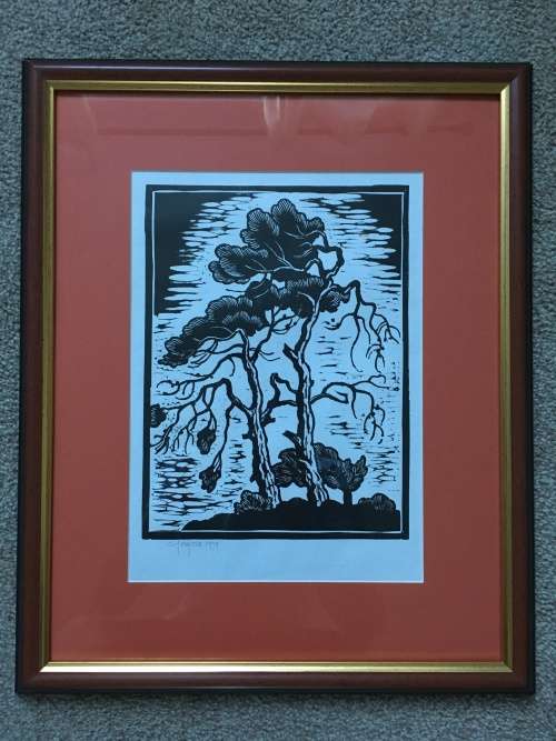 Gregoire Boonzaier- Two Trees in The Wind - Linocut