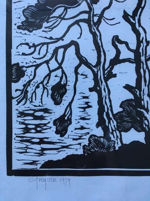 Gregoire Boonzaier- Two Trees in The Wind - Linocut