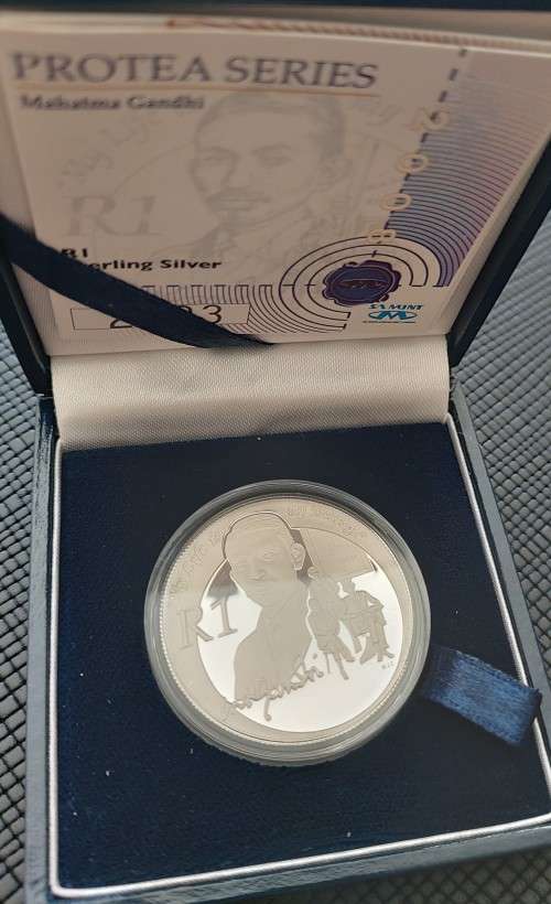 Gandhi Protea Silver Proof with certificate and box from SAMint
